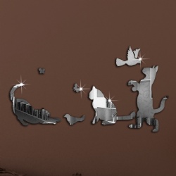 Lovely Cat Birds Butterfly Reflective DIY Mirror Effect 3D Wall Stickers