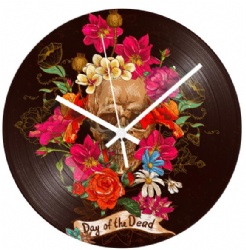 Day of the Dead Rose Skull Record Clock